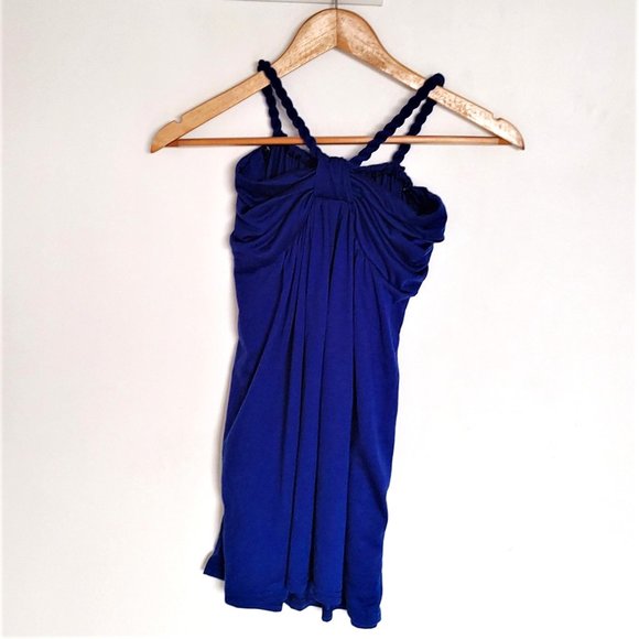 Unique navy blue body hugging top dress with knotted up straps